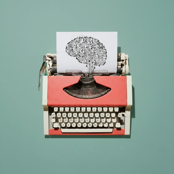 Vintage coral typewriter with circuit board brain pattern on teal background
